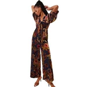 FARM Rio X Anthropologie Puff Sleeve Floral Velvet Jumpsuit Women's size Small